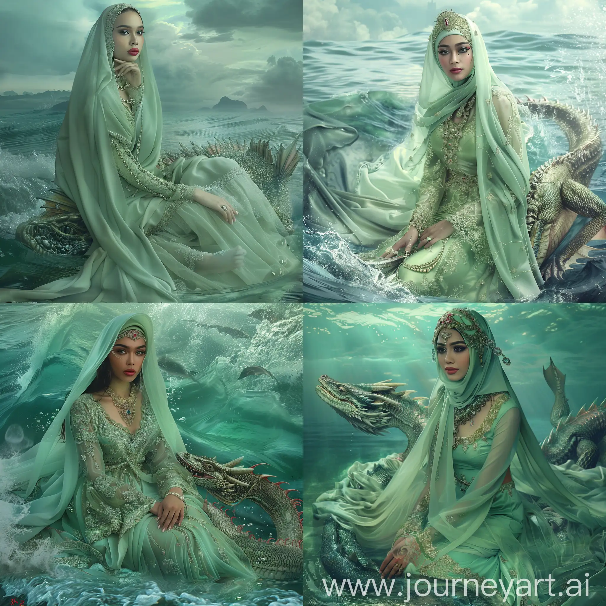 a hyper-realistic depiction of a beautiful Indonesian woman; veiled; wearing light green luxurious royal clothing; perfect makeup, and jewelry, she sits on the back of a dragon swimming in the sea, very realistic; natural, stable diffusion, digital art, very high quality 36k.