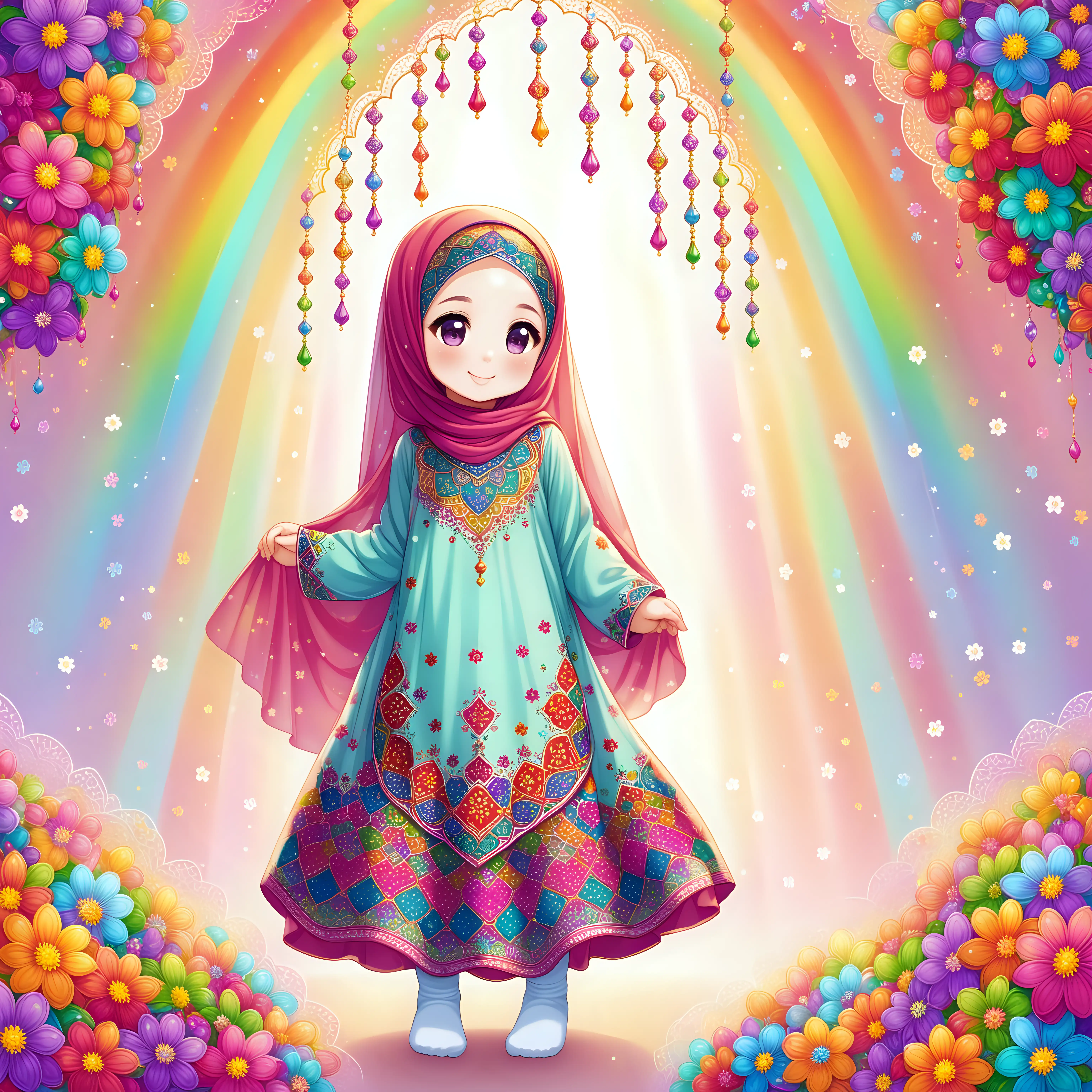Persian little girl(full height, Muslim, with emphasis no hair out of veil(Hijab), white skin, cute, smiling, wearing socks, clothes full of Persian designs).
Atmosphere full of many rainbow flowers.