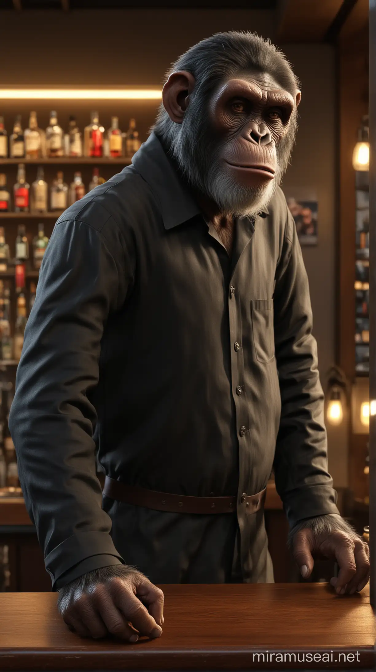 Highly Detail ape as Bar Keeper, Human Pose, modern Style, Realisim, Lights behind, standing