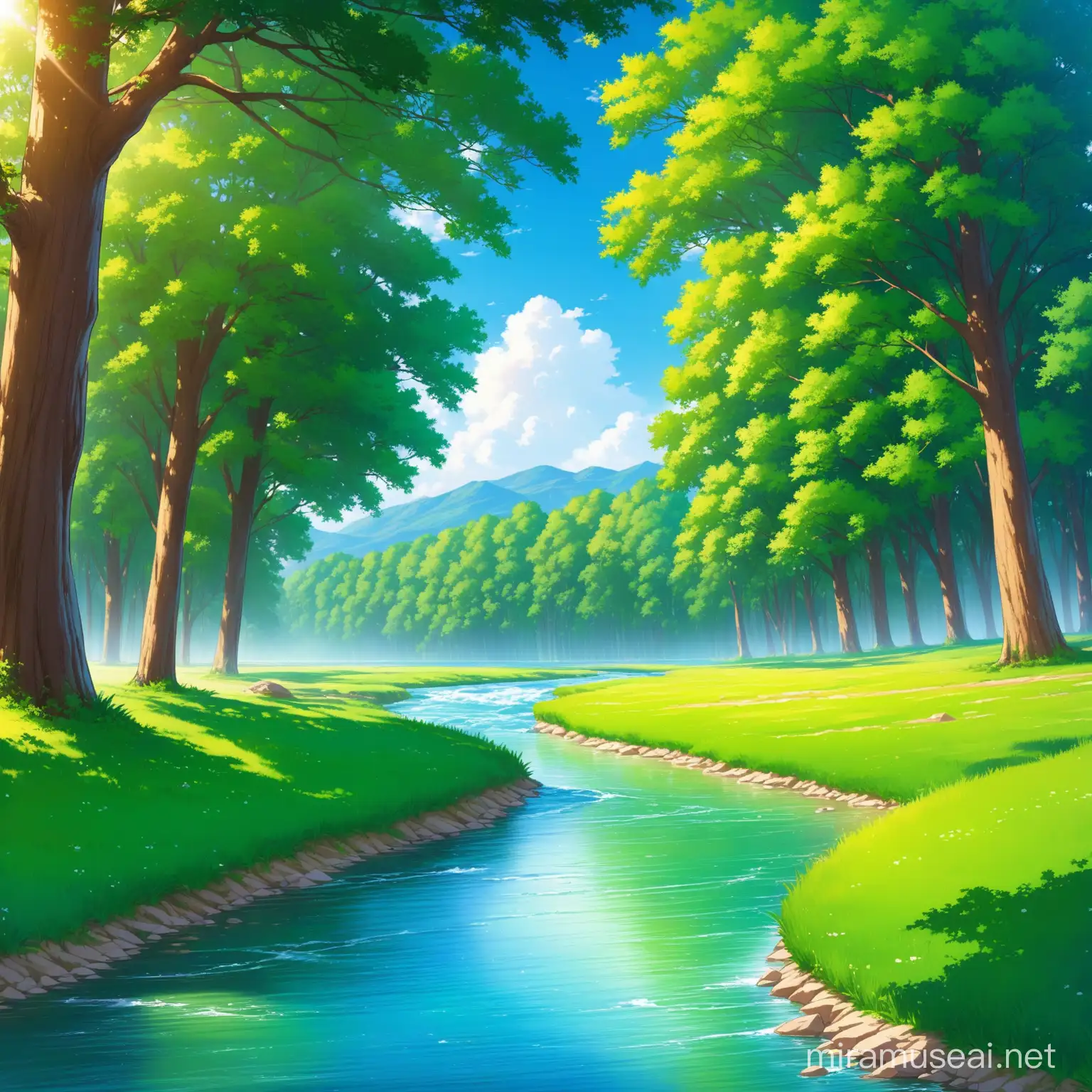 A very beautiful scene of natural park with depp green grass huge blue sky big trees and a flowing river 
