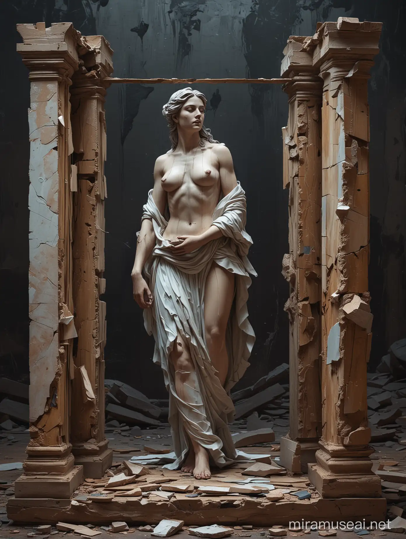 beautiful real Woman  with Broken Marble statue of man , emulating a realistic, and three Wooden pieces bars and torn cardboard with gap moving in different shapes. In abstract landscape. Amazing details. Dark side, neon colors, Oil Painting, Baroque Style