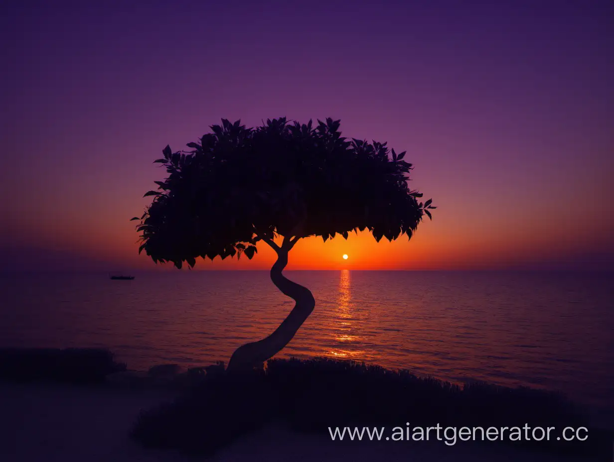 Закат на море, небо тёмно фиолетовое, стоит апельсиновое дерево 