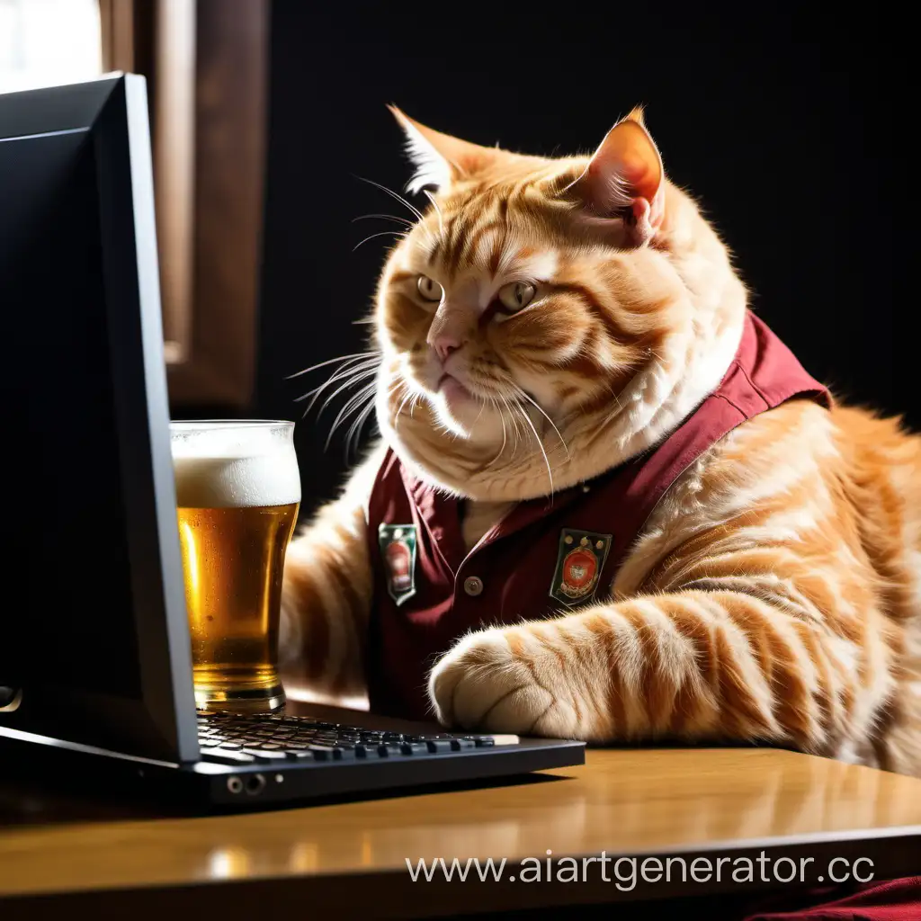 толстый рыжий кот с пивом играет в танки на компьютере
