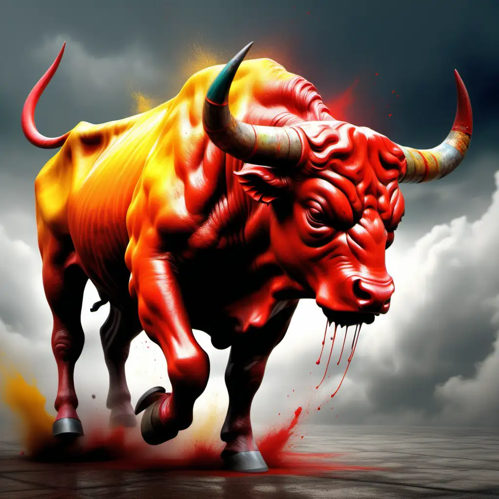 Fierce Bull Charging in Vibrant Storm of Red Yellow and Orange Oil Colors