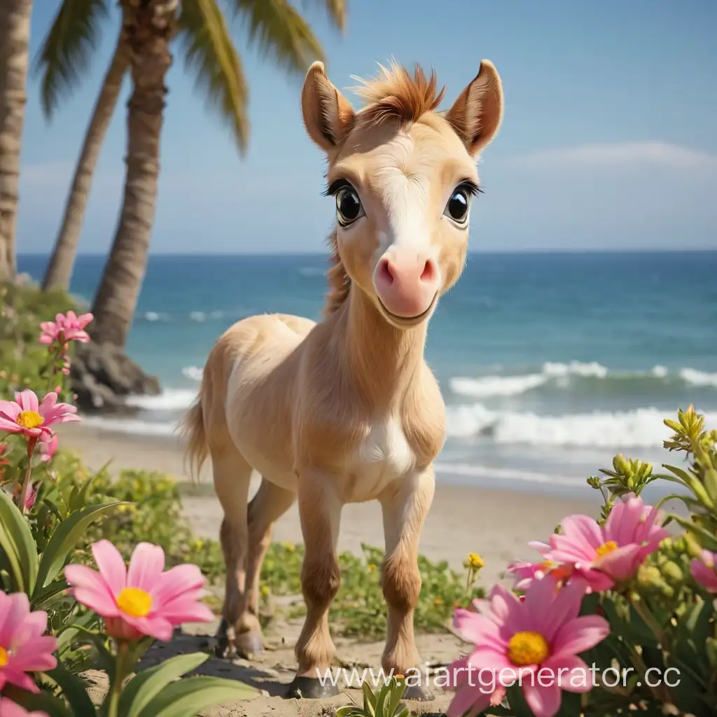 Adorable-Foal-with-Big-Eyes-Among-Tropical-Flora-by-the-Ocean