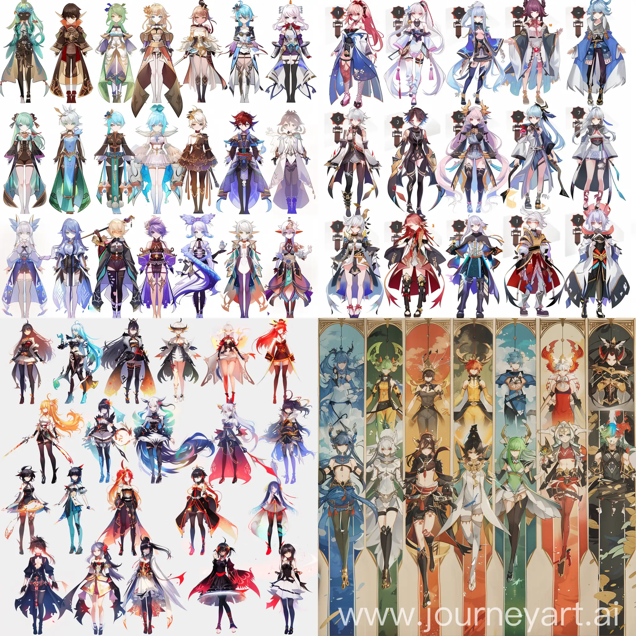 anime original characters multiple, full body character sheet. creative, different from each other, fantasy, colorful, genshin impact