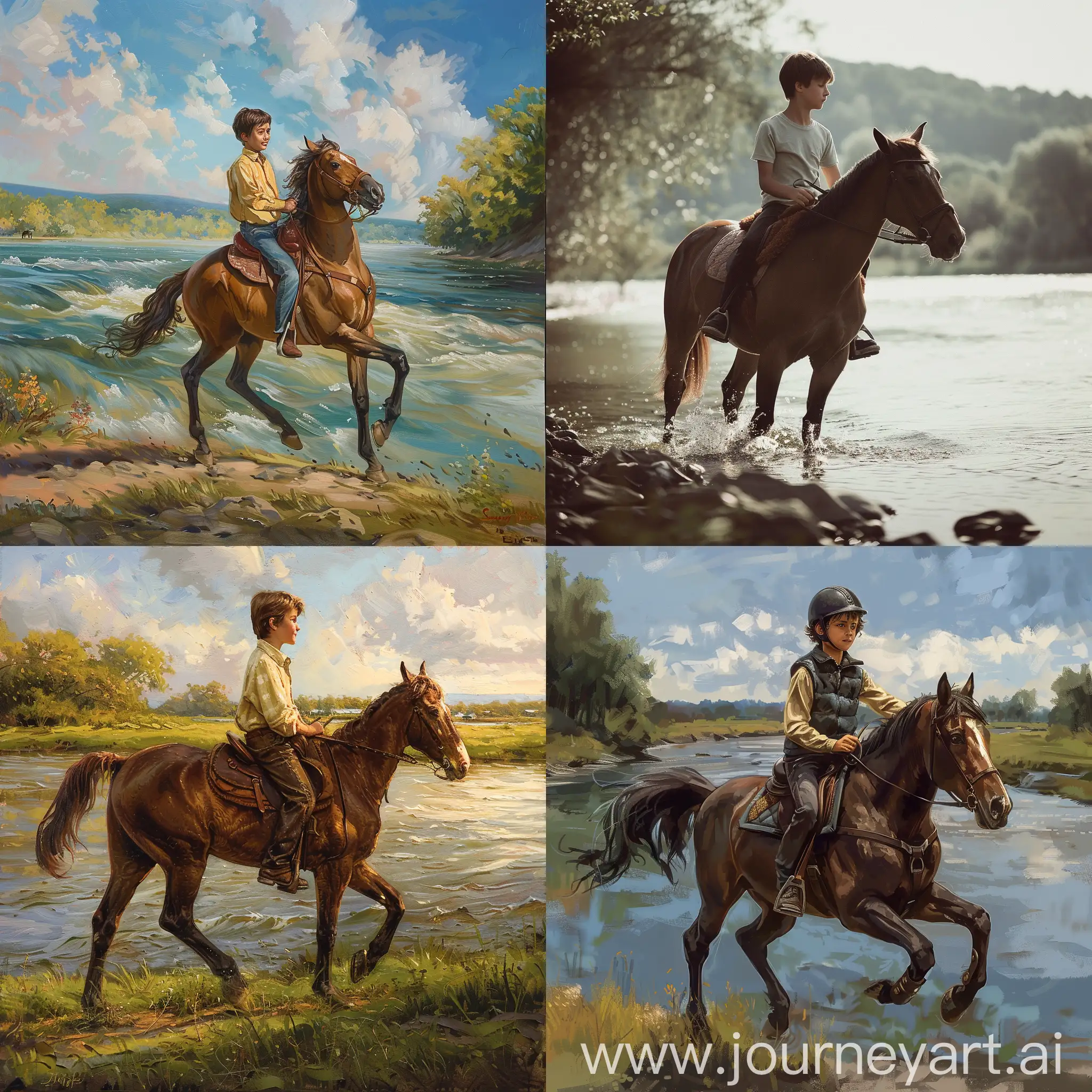 мальчик 12лет скачет на коне, на фоне реки,