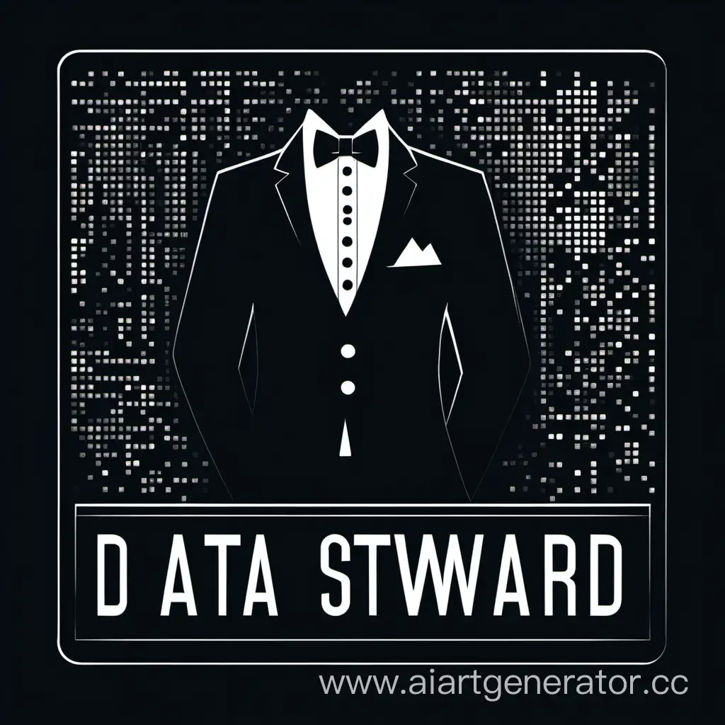 Логотип для стюард данных стилизованный смокинг и галстук-бабочка в минимализме на черном фоне с значками из матрицы отсылка к управлению данными