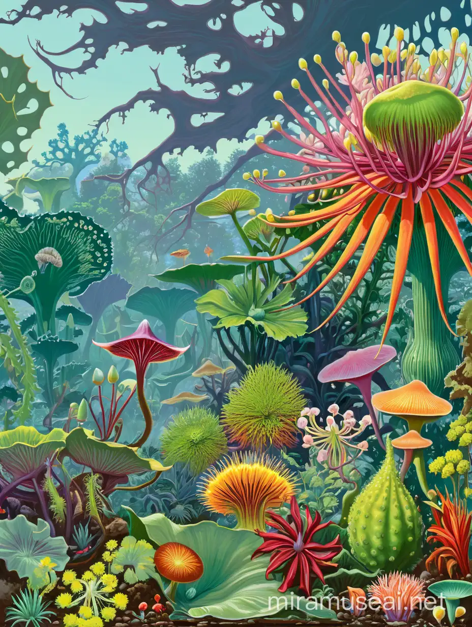 Hans Haeckel landscape jungle rain carnivor plants racines flowers. Paint them in the flat colorful style of Gil Elvgren and other colorful pinup artists of the 1950s. Deadly Alien flowers are in the foreground that have interesting details and colors. Poisonous Fractals,  radiolaria, and diatoms trees can also be seen. Leave discreet places in the front for humans to be added at a later time. Show distances to show depth. A strong wind disturbs the plants.