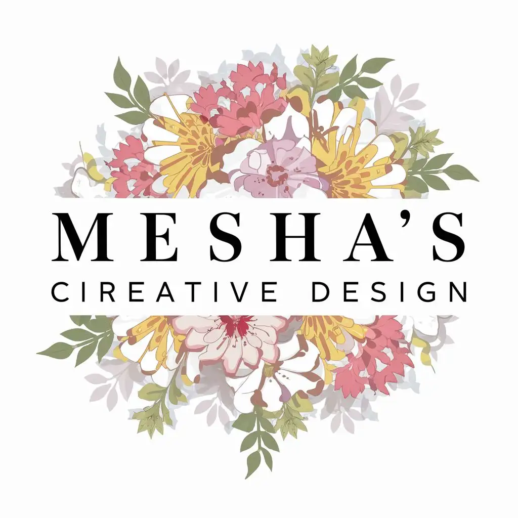 logo, flowers, with the text "Mesha's Creative Design", typography