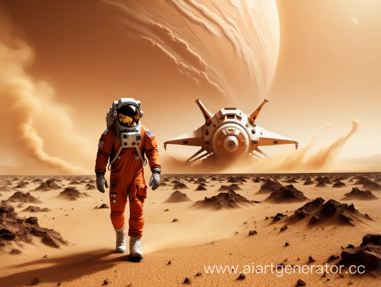 An astronaut in an orange suit walks across a desert planet, with a sandstorm behind him, near him old spaceship