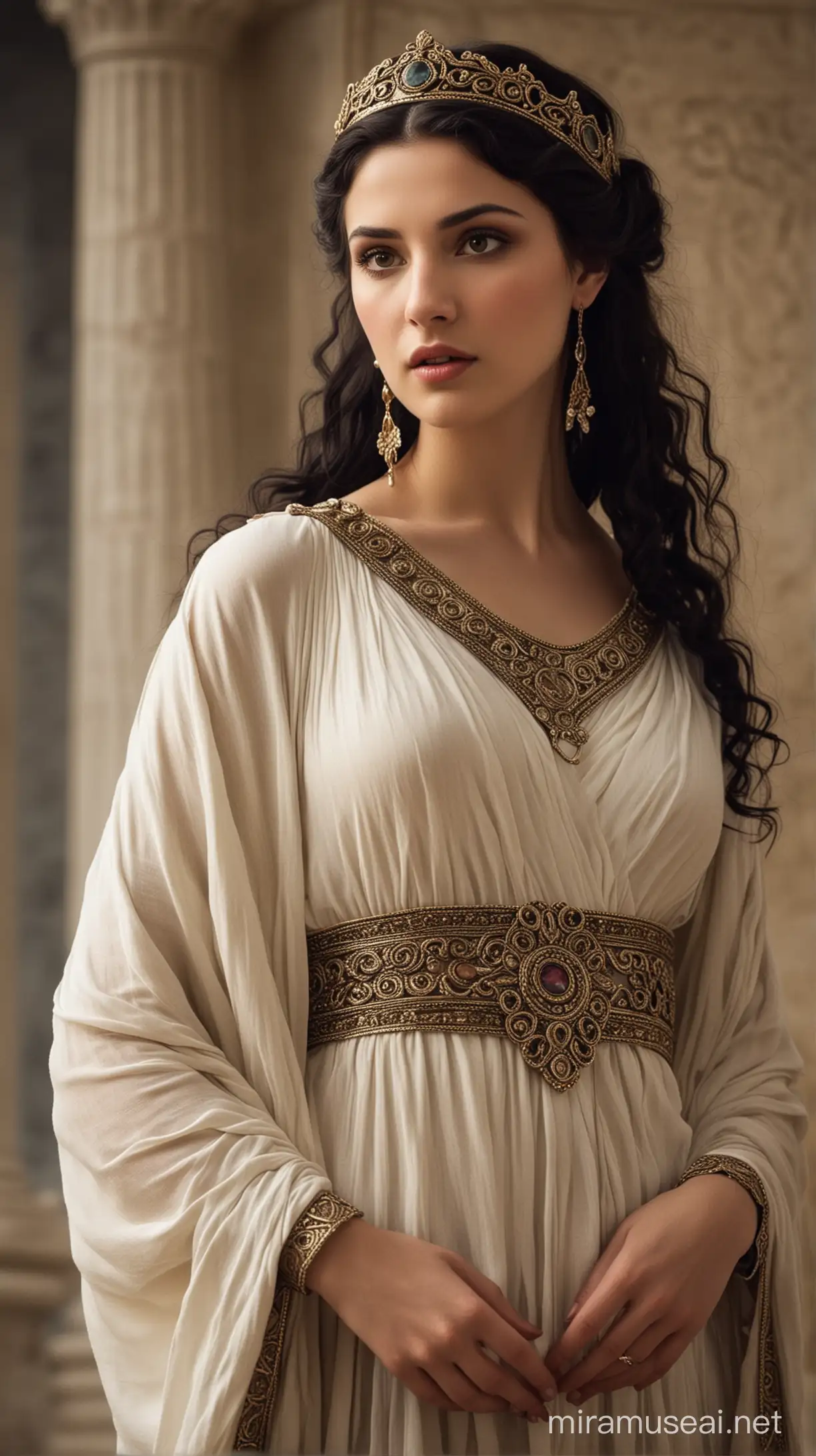 Prinecesa Medea. cabello oscuro, piel clara, vestimenta griega