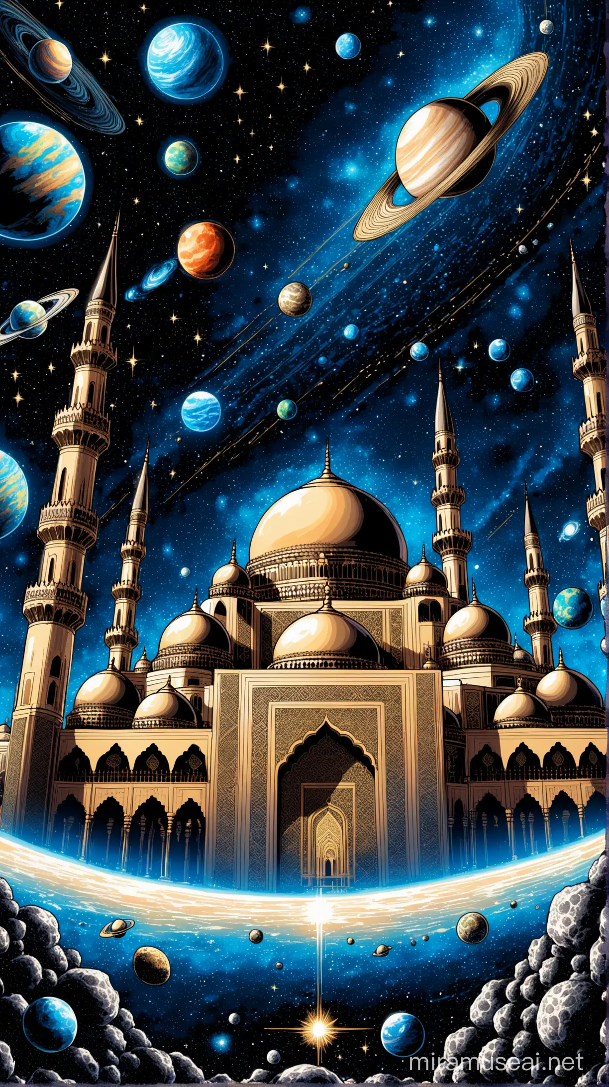 A striking (((drawing))) featuring a ((mosque)) intricate details and ornate patterns interwoven with (((asteroids))) and ((planets)) reflecting a cosmic splendor