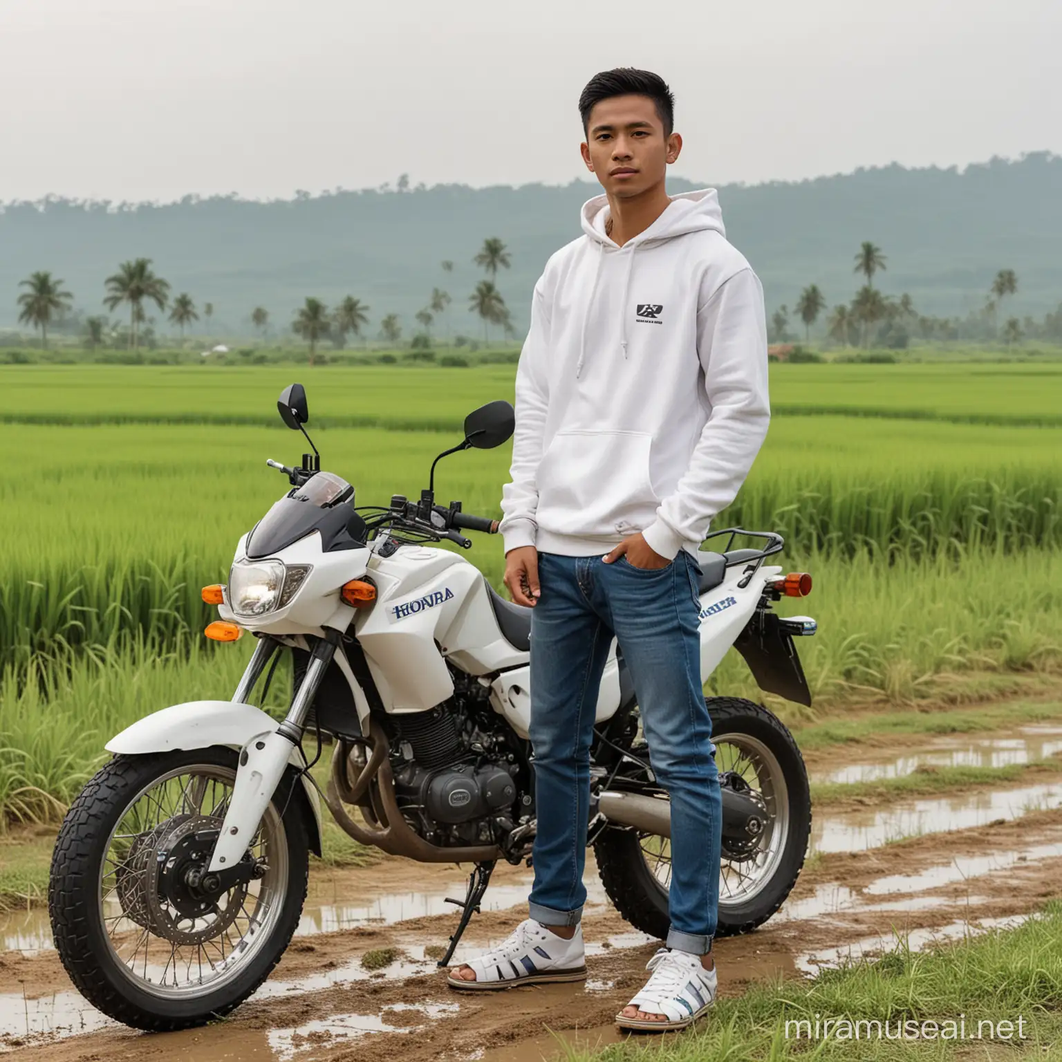 Pemuda dari Indonesia sedang bersedih memakai Hoodie warna putih celana jeans pendek dan sendal jepit berdiri di samping motor sport 'HONDA' latarbelakang jalan raya di area persawahan.