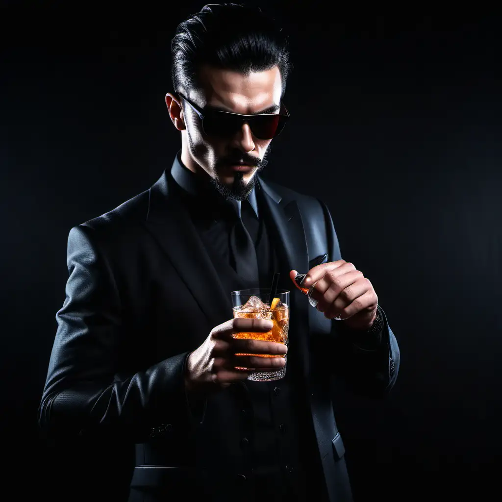 badass guy wearing black suit, having glass of drink in hand, black background
