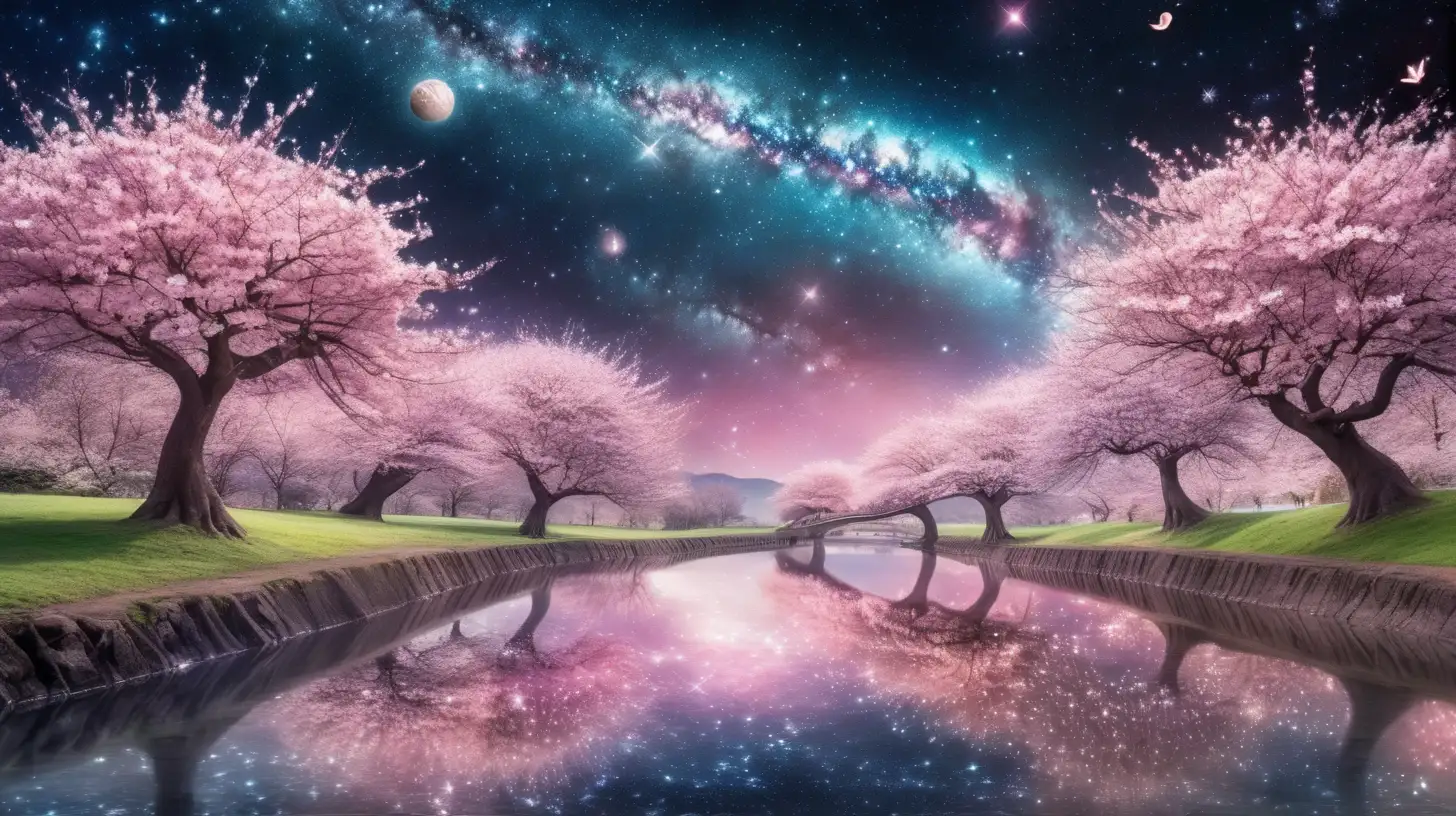 fairytale magical cherry blossom trees forming a way to outer space and stars by a river