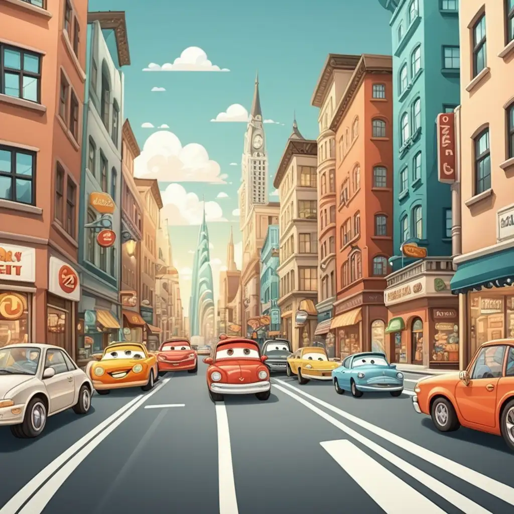 Animated Cartoon City Street Scene with Speeding Cars
