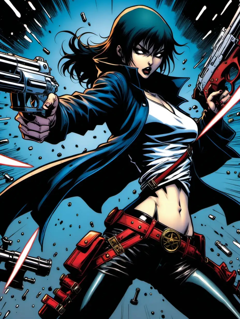 comic book panels of anime girl assassin firing guns in the style of frank miller