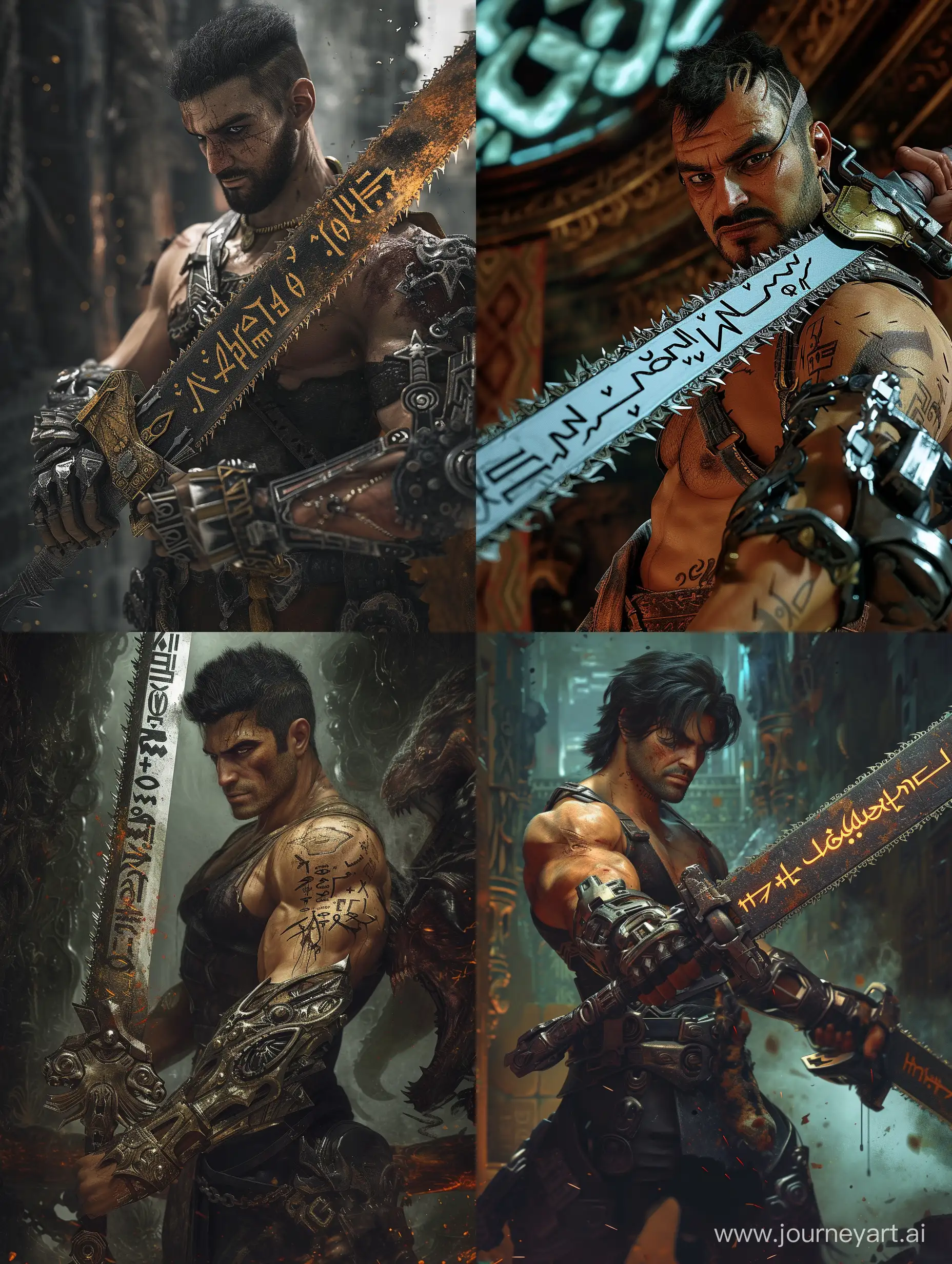 persian man[25 years old,handsome]with sword [chainsaw blades,cuneiform letters curving on it]and mechanical armglove[powerful,intricate],Cutting the evil creature in half,incredible detail,Steampunk,Digital Art,Fantasy Art,Unreal engine 5.