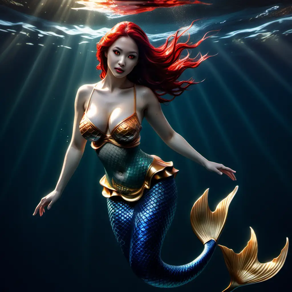 Sensual Navy Mermaid with Golden Tripod in Cinematic Underwater Scene