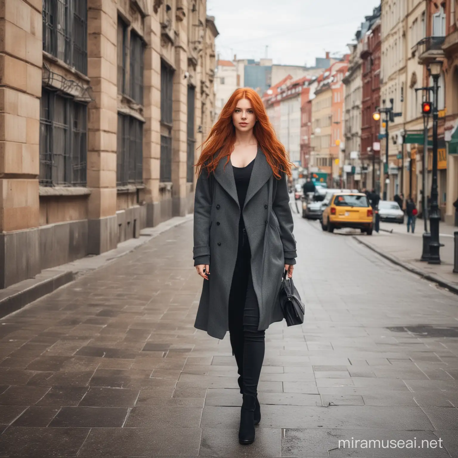 Рыжая девушка гуляет в городе