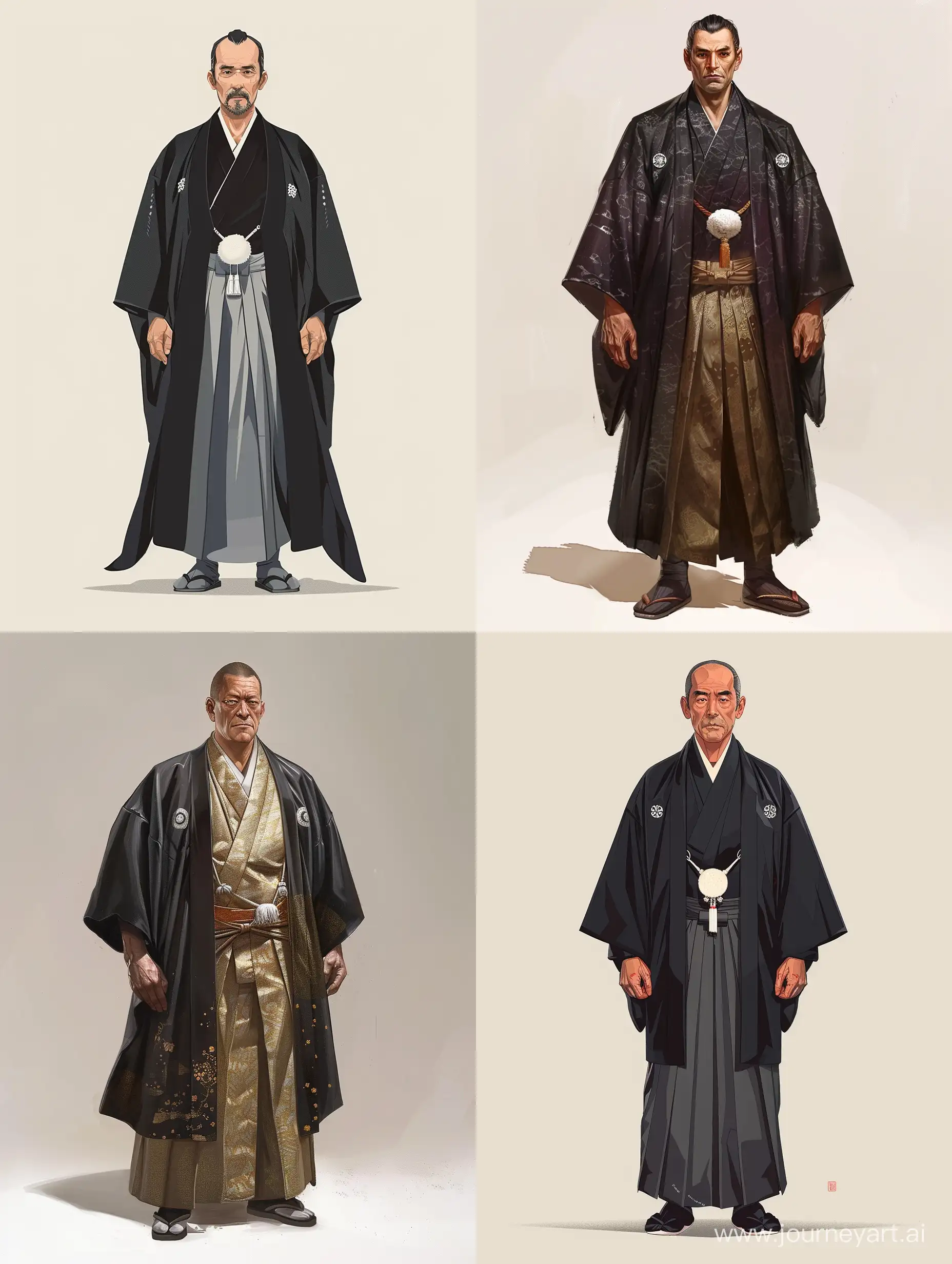 Create a character illustration of a man exuding authority and discipline, dressed in traditional Japanese attire. His posture is upright, reflecting his strict nature. The clothing should be meticulously detailed, showcasing the elegance and complexity of Japanese fashion. The character's facial expression is serious, with a hint of a stern smile, indicating his approachable yet uncompromising personality. The background is minimalistic, emphasizing the character's presence. The art style is hyperrealistic, with a focus on capturing the textures of the fabric and the subtle nuances of the character's demeanor. This piece should resonate with the themes of tradition, discipline, and authority, making it a captivating and thought-provoking artwork