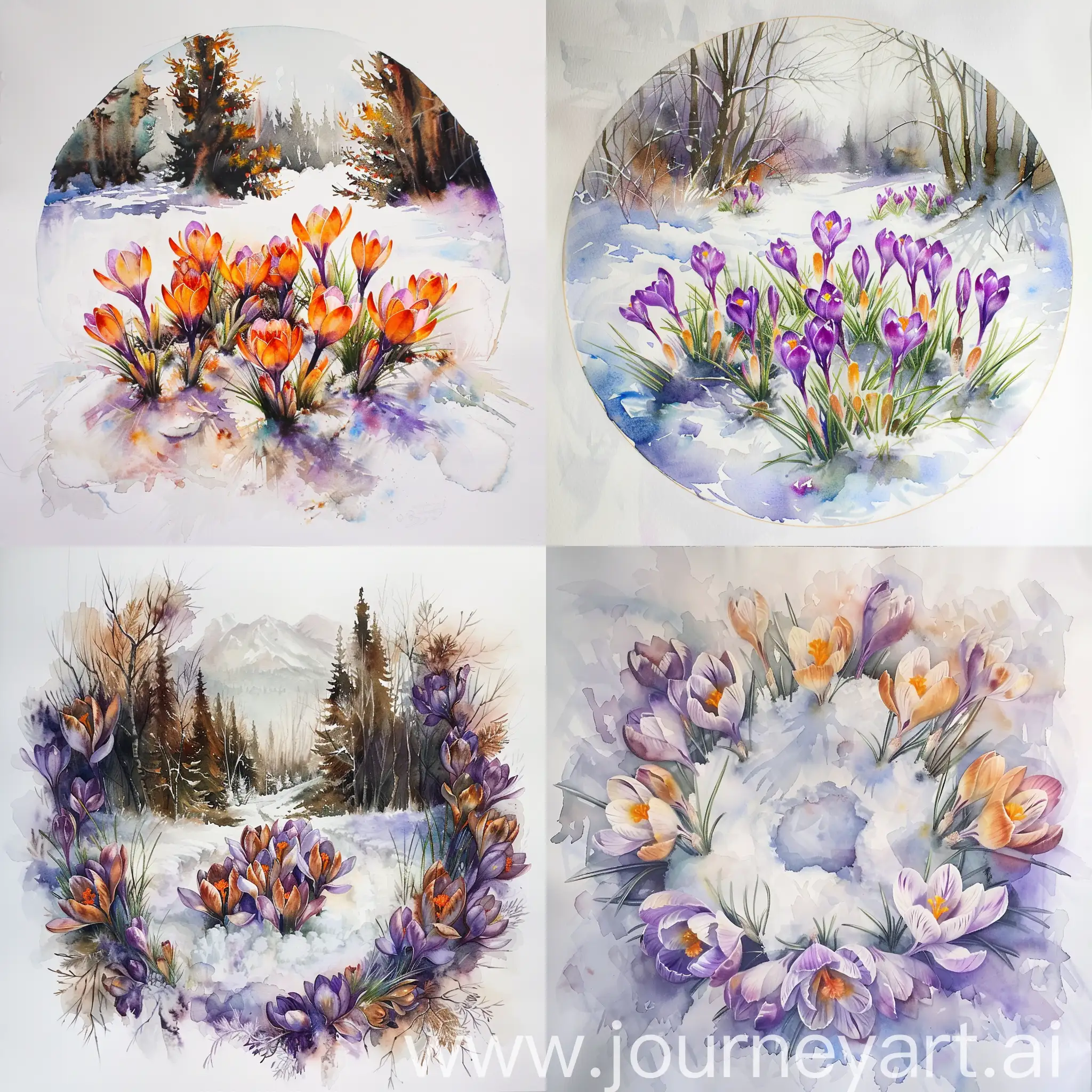 Vibrant-Crocuses-in-Snow-Classical-Watercolor-Painting-by-Elena-Bazanova