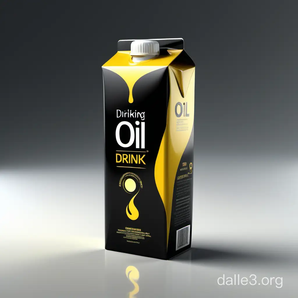 Design a modern rectangular package of drinking oil and depict it as a three-dimensional 3d model dedicated to drinking oil, emphasize its rich strong combustibility, use an oil production background, emphasizing the beauty of oil packaging. The packaging should be in glossy rectangular boxes of the Tetrapak system, designed to ensure image clarity and reliable storage of oil juice, The design should be complex and functional, filmed in natural light, emphasize its professional and attractive appearance, and emphasize the health benefits of oil. In the design, use a black and yellow palette using neutral and white colors. Present the packaging from several sides. The image must be highly accurate and highly detailed, displaying all the small details, with high accuracy and clear focus.