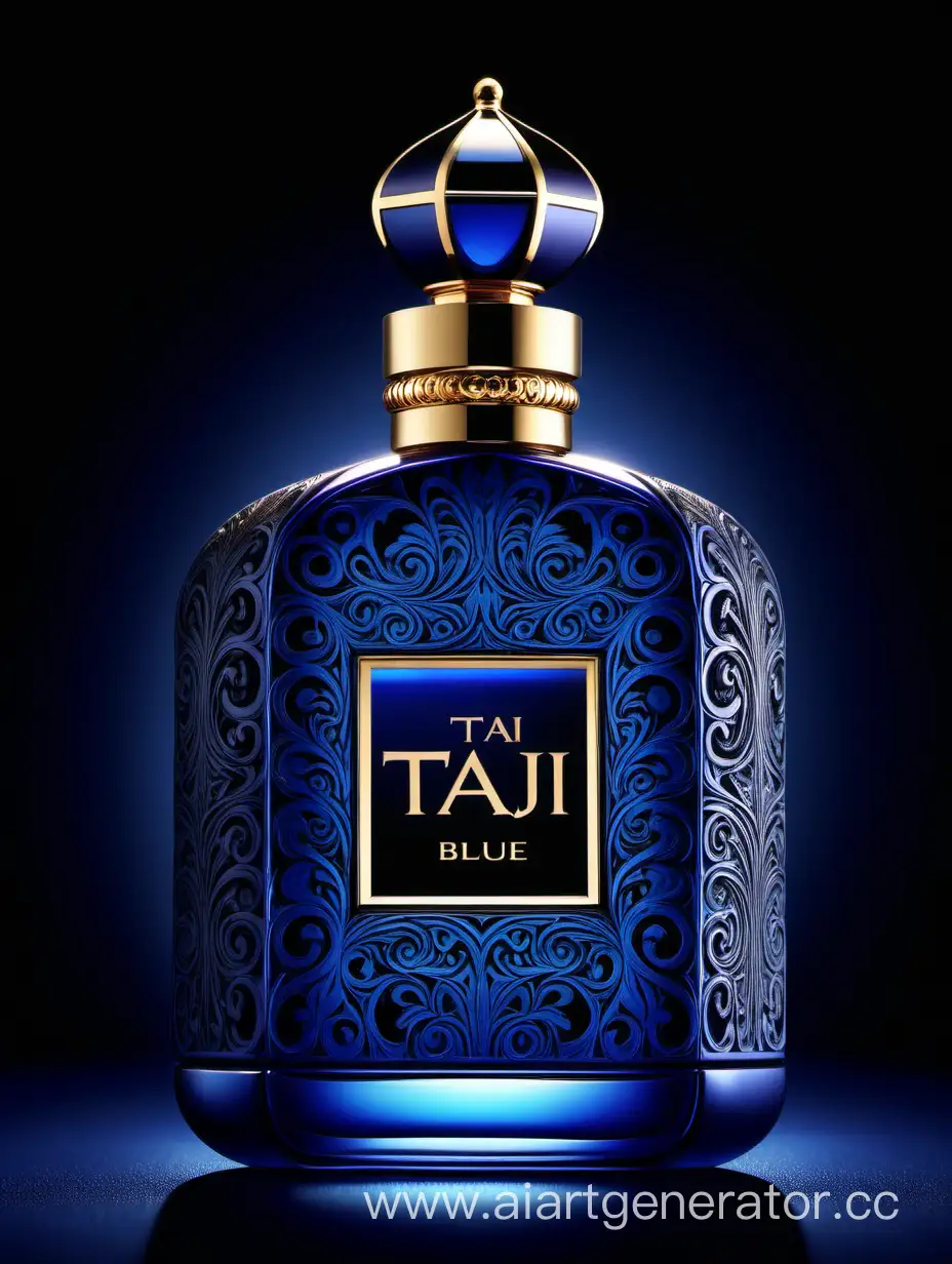 matt blue perfume))), textured crafted with intricate 3D details reflecting light around a ((black background)), with a elegant ((Taj text logo))