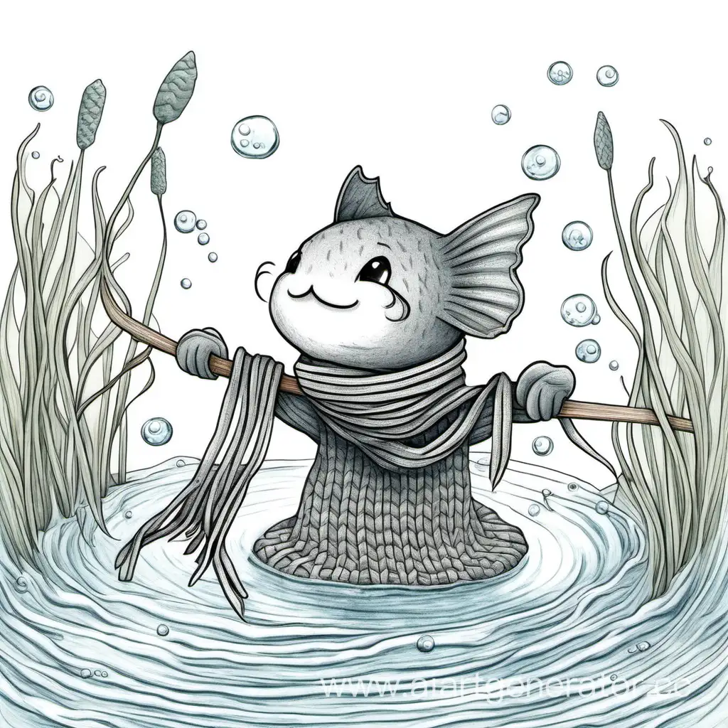 Drawing: A small catfish sits in the water and knits a scarf surrounded by water.