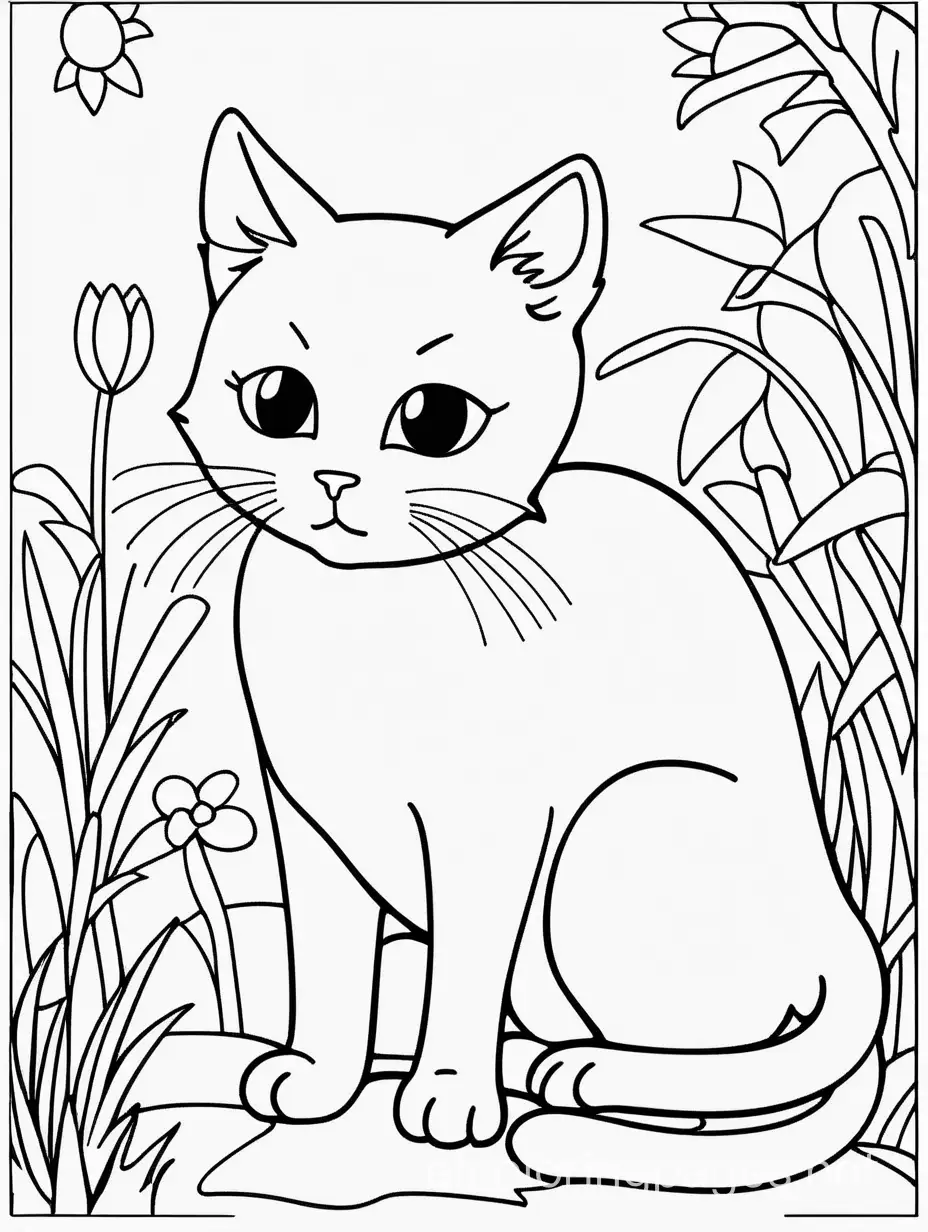 Cat story colouring page, Coloring Page, black and white, line art, white background, Simplicity, Ample White Space. The background of the coloring page is plain white to make it easy for young children to color within the lines. The outlines of all the subjects are easy to distinguish, making it simple for kids to color without too much difficulty