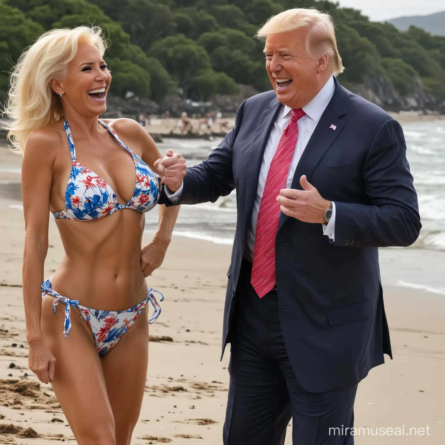 Donald Trump dancing dressed in a bikini and a laughing Biden looks at him