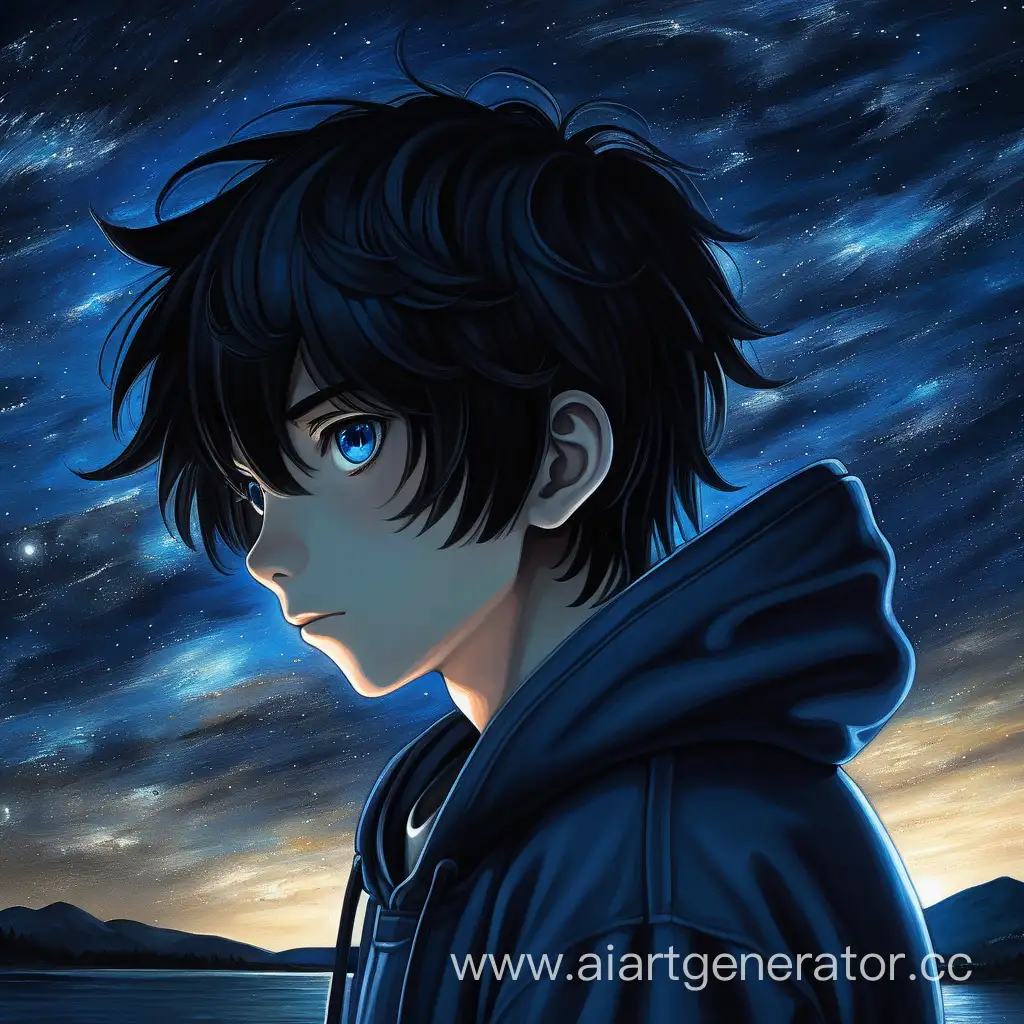 Аниме-Персонаж с приятным выражением лица, мальчик, Портрет, раскрасить приятно, на фоне звездопад-ночной небо, реалистично, волосы черные, глаза голубые и более загадочные, взгляд смотрит в сторону, вид сбоку выше, менее реалистично, черное худи, более депрессивно

