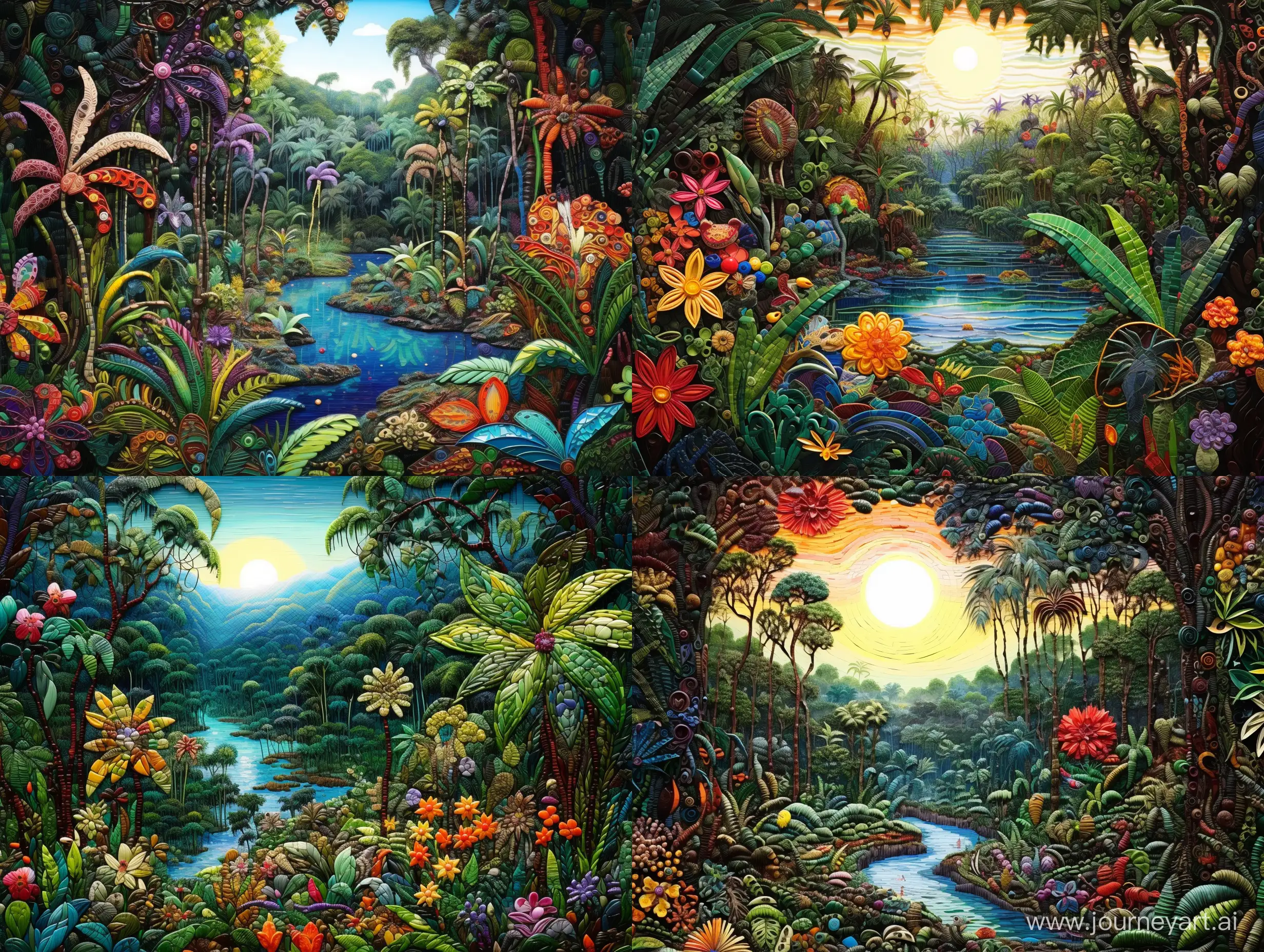 Exquisite-Amazon-Forest-Landscape-Crafted-with-Buttons-Beads-Ribbons-and-Paper-UltraDetailed-Artwork