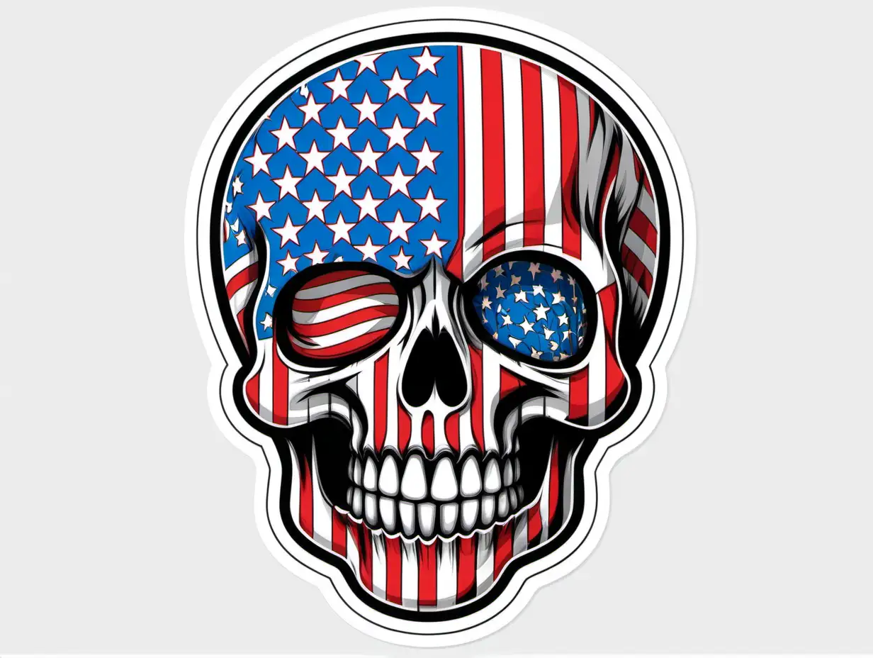 /imagine prompt:American Flag Skull, Sticker, Adorable, Electric Colors, Art brut style, Contour, Vector, White Background, Detailed

