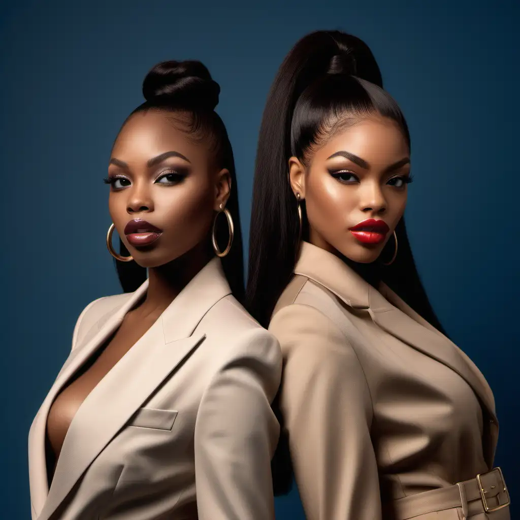 Craft a stunning full
portrait shot featuring
two African American
beauties with plump lips
sleek straight hair,
embodying the essence
of modern 'Instagram
baddies. Showcase their
confident allure, merging
contemporary style with
beauty, perfect for our
captivating Clothing 
campaign.