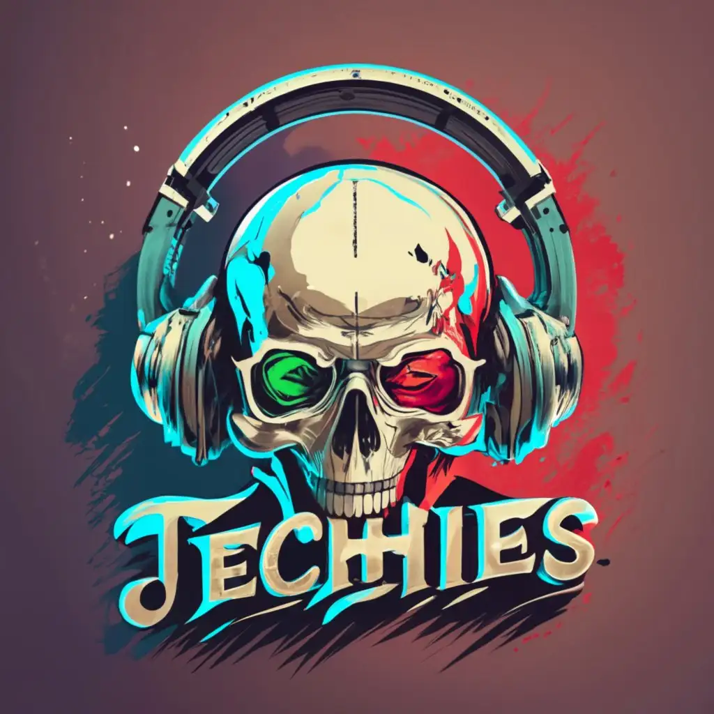logo, emblem for a clothing brand with a skull wearing large headphones, cyberpunk--no shading detail realistic color, with the text "Techies", typography, be used in Entertainment industry