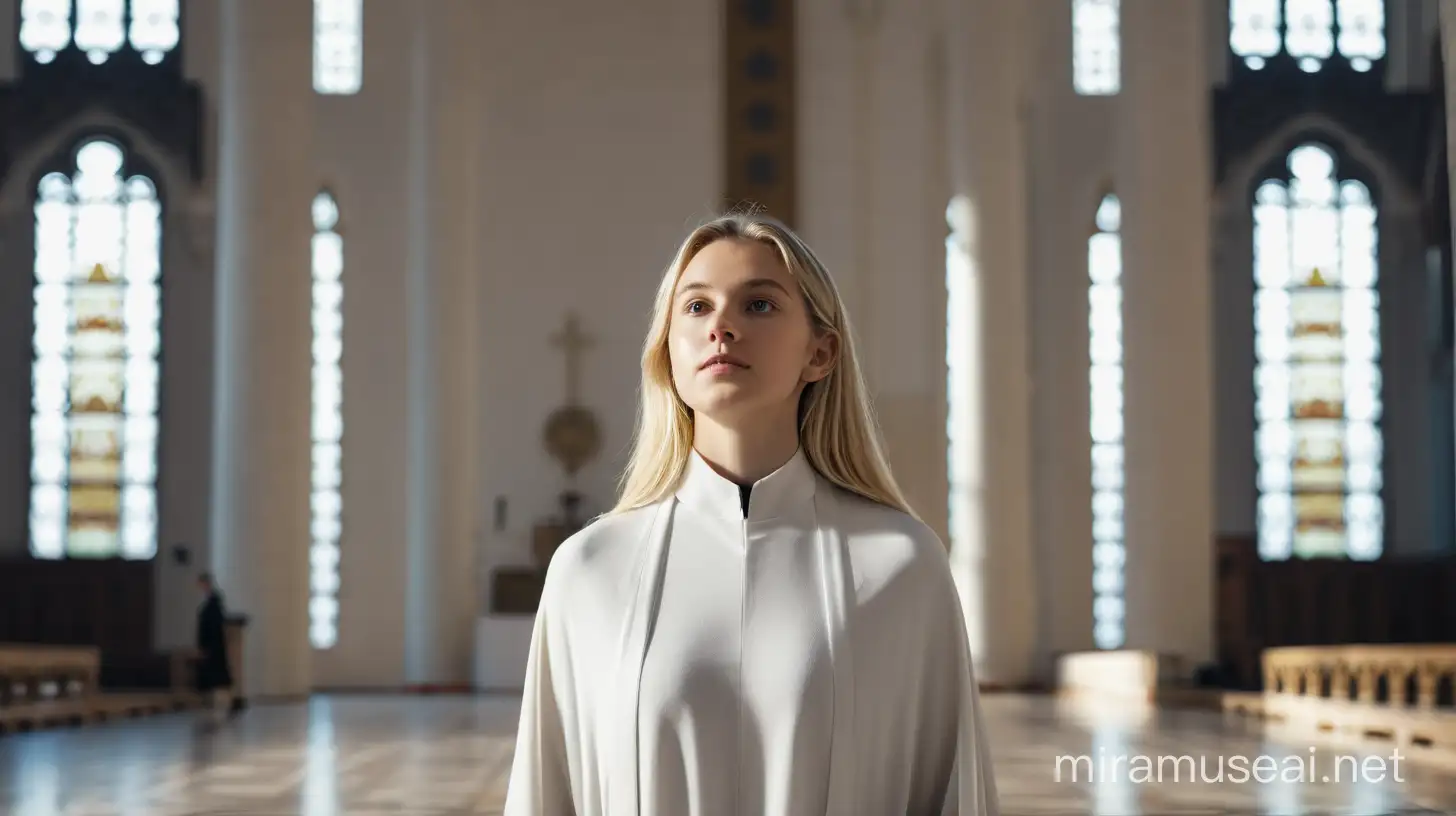 A full-body photo, young blonde girl, wearing a white cassock with long white cloak, meditates at a large hall.