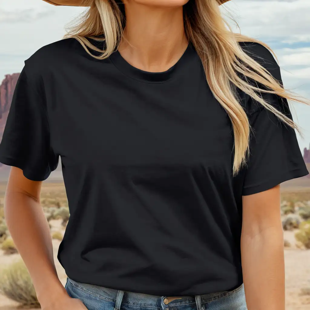blonde woman wearing gildan 5000 oversized black t-shirt mockup, desert background, with cowgirl hat