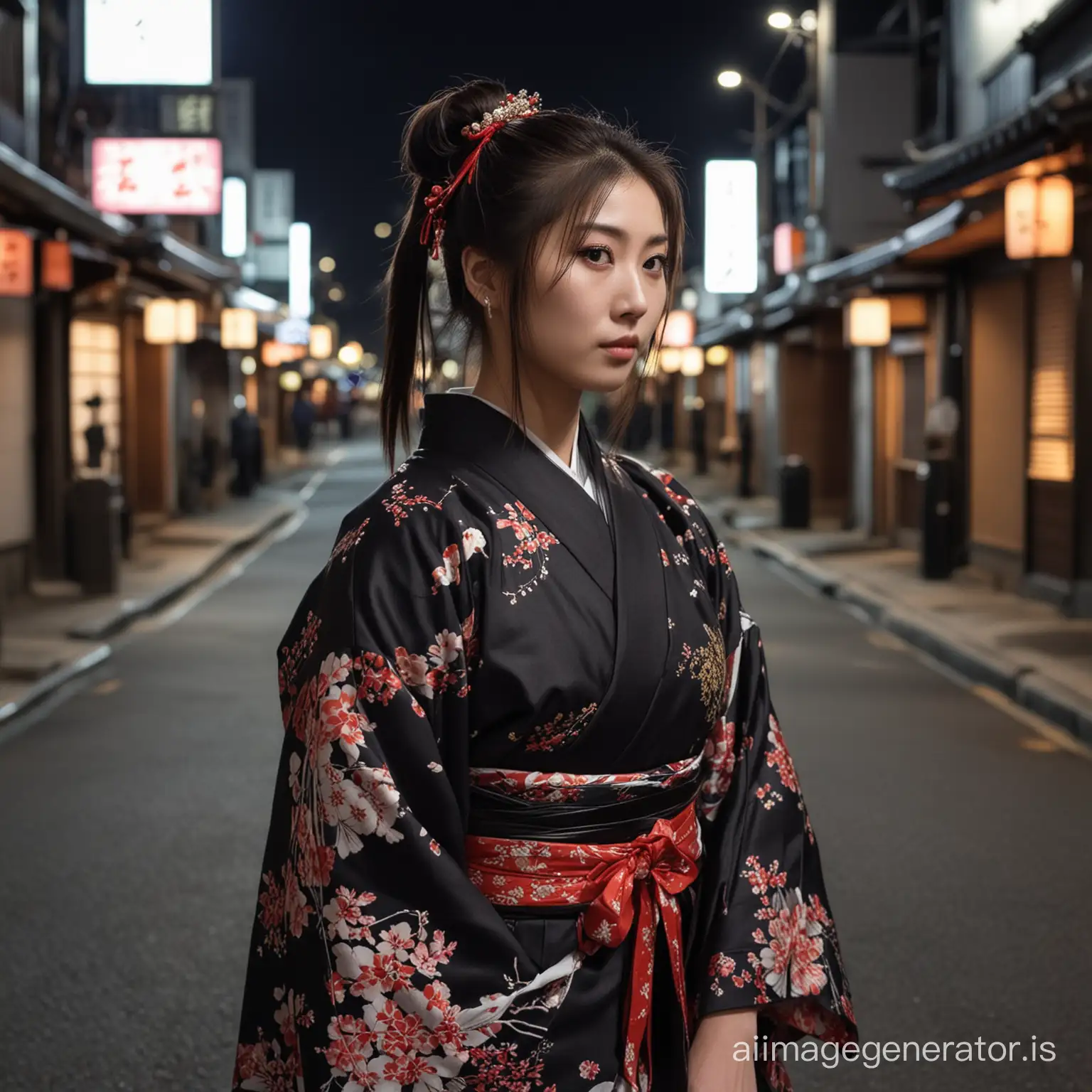 A Japanese woman, super attractive but creepy. She is in the middle of the street at night, dressed in a traditional Japanese dress. She has a ponytail, she has a samurai. She doesn't look very innocent, almost like goth and she has a samurai on her hand.
