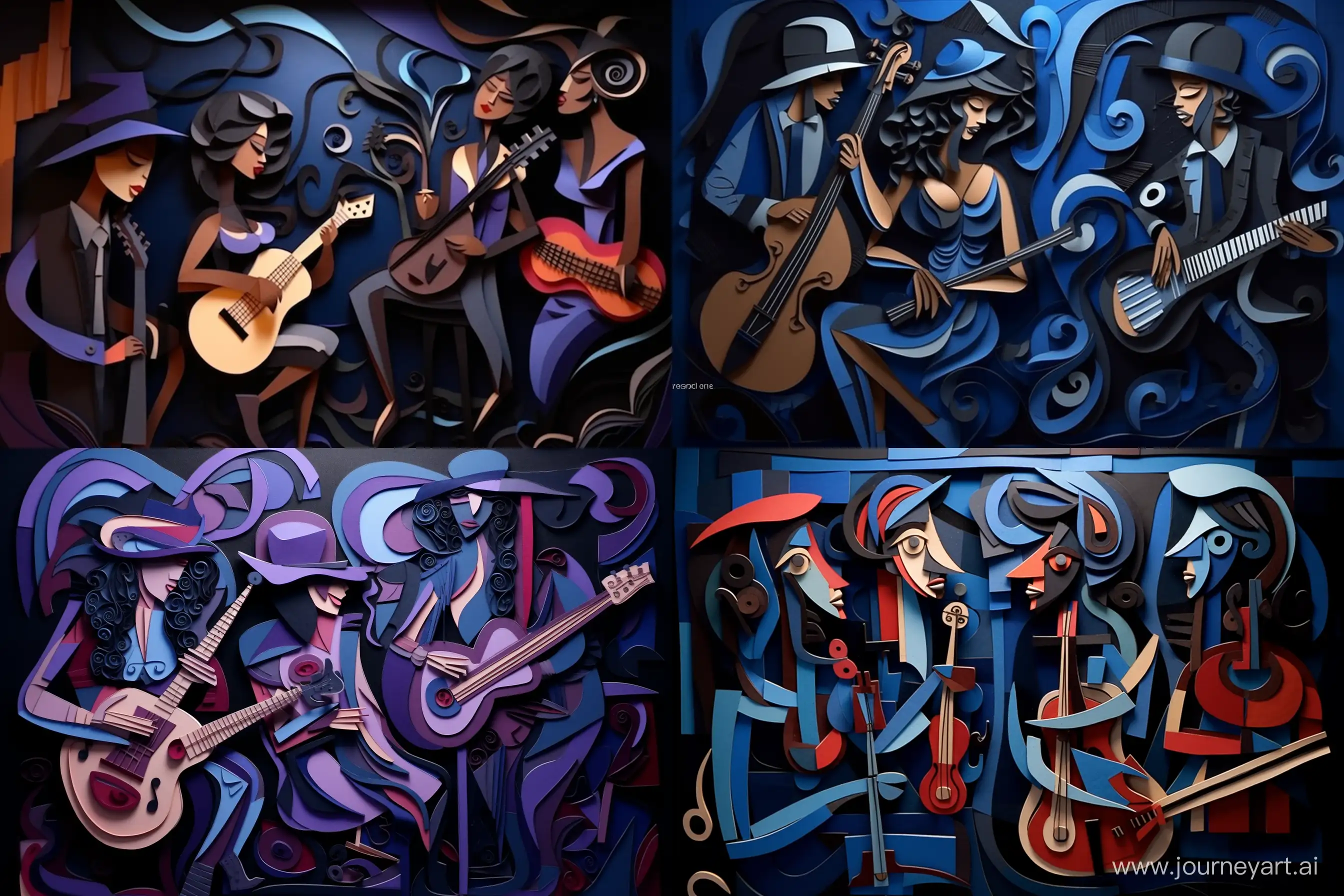 Soulful-Paper-Quilling-Cubism-Black-Womens-Blues-Band-with-Singer-Bassist-Trumpet-and-Pianist