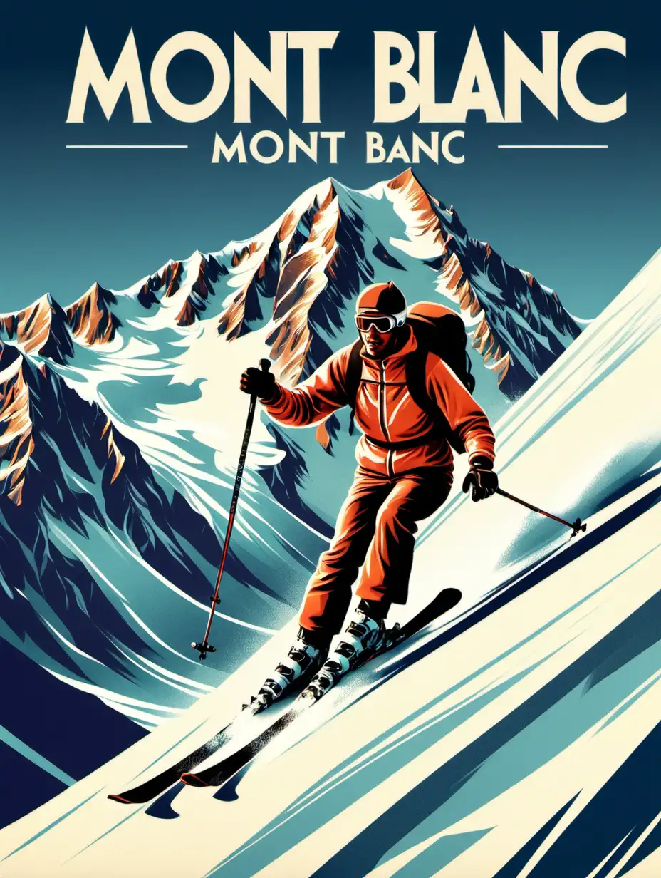 génère une affiche rétro du mont blanc avec un skieur