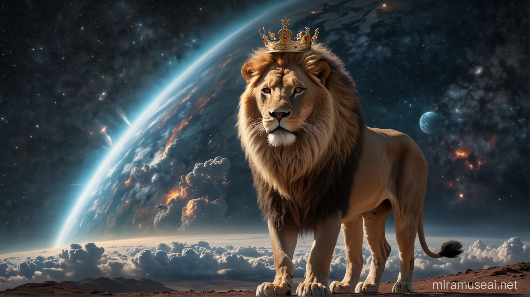 Majestic Lion with Crown overseeing Creation of Heaven and Earth