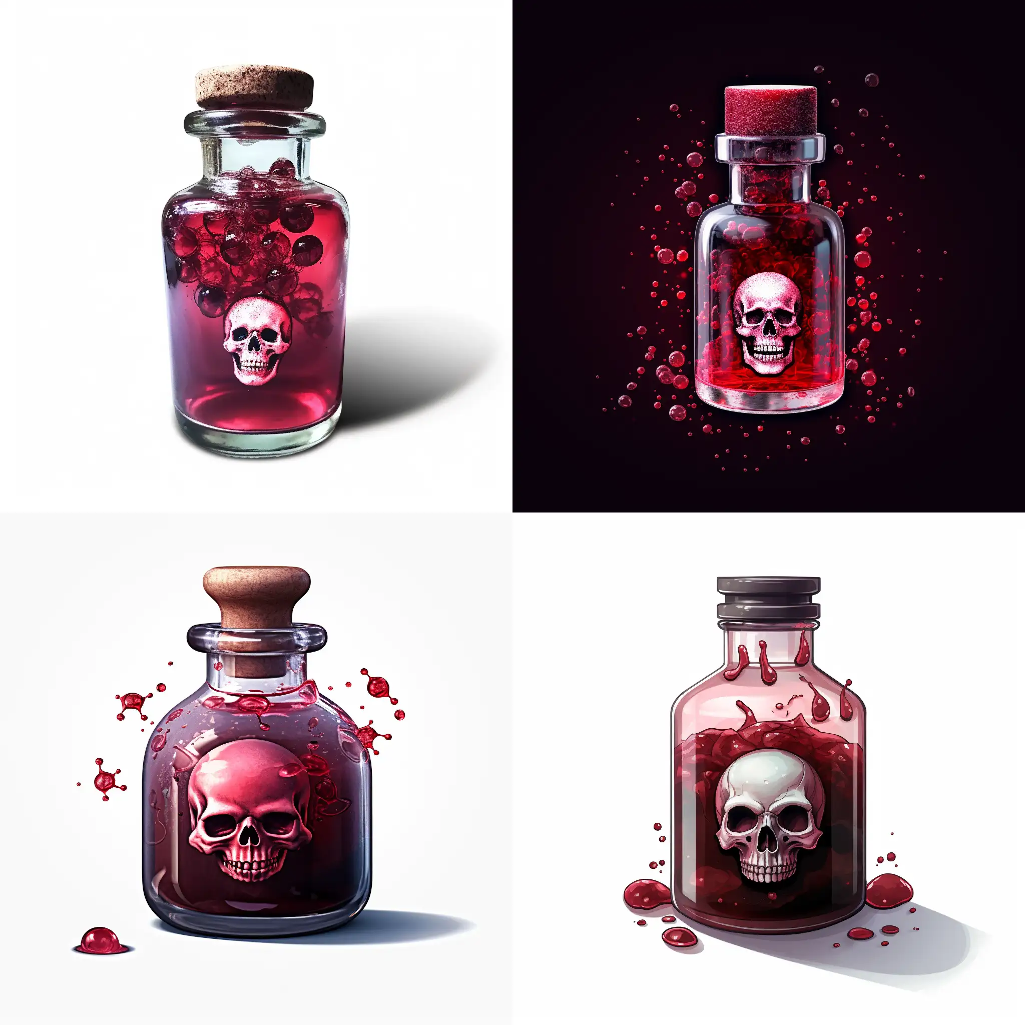 very small transparent vile with a toxic scull symbol on it that contains a glowing, bubbling dark red liquid with a completely white background 