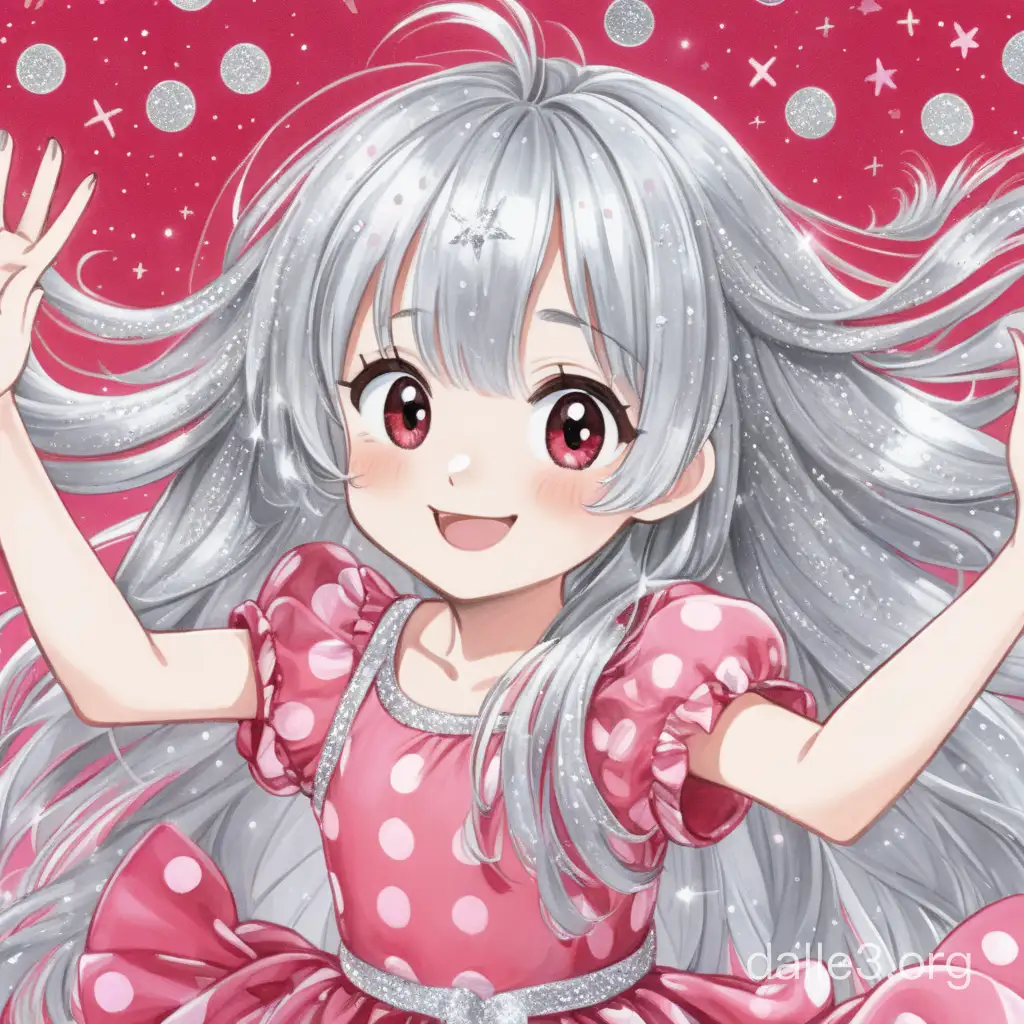 a girl with silver hair,long hair,glitter in her hair,a pink and white dress with red polka dots.She spread her arms above her head, smiling broadly. lots of details,hyperdetalization,poster,16k