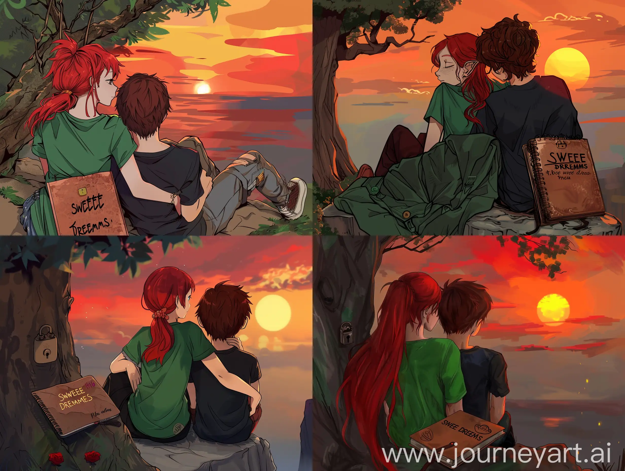 Teenage-Couple-Watching-Romantic-Sunset-by-Old-Tree-with-Open-Diary