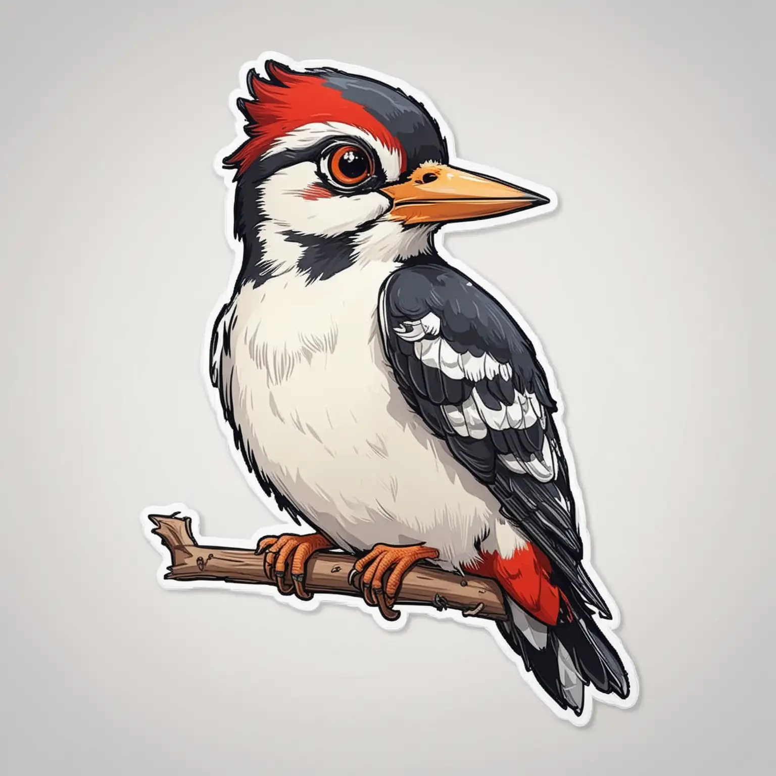 Sticker of a cute woodpecker full body, caricature style, bold lines, Die-cut sticker, vector, white background, isolated on a white background