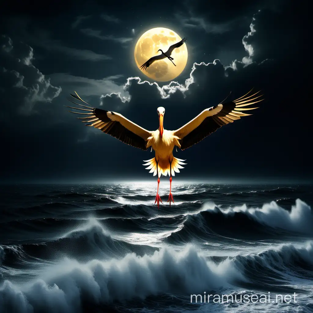Golden Stork Flying Over Mysterious Stormy Sea at Full Moon