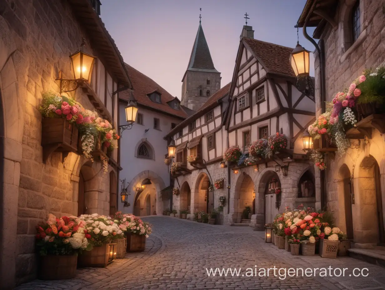 вечерняя улочка средневекового города, украшенная цветами и фонариками