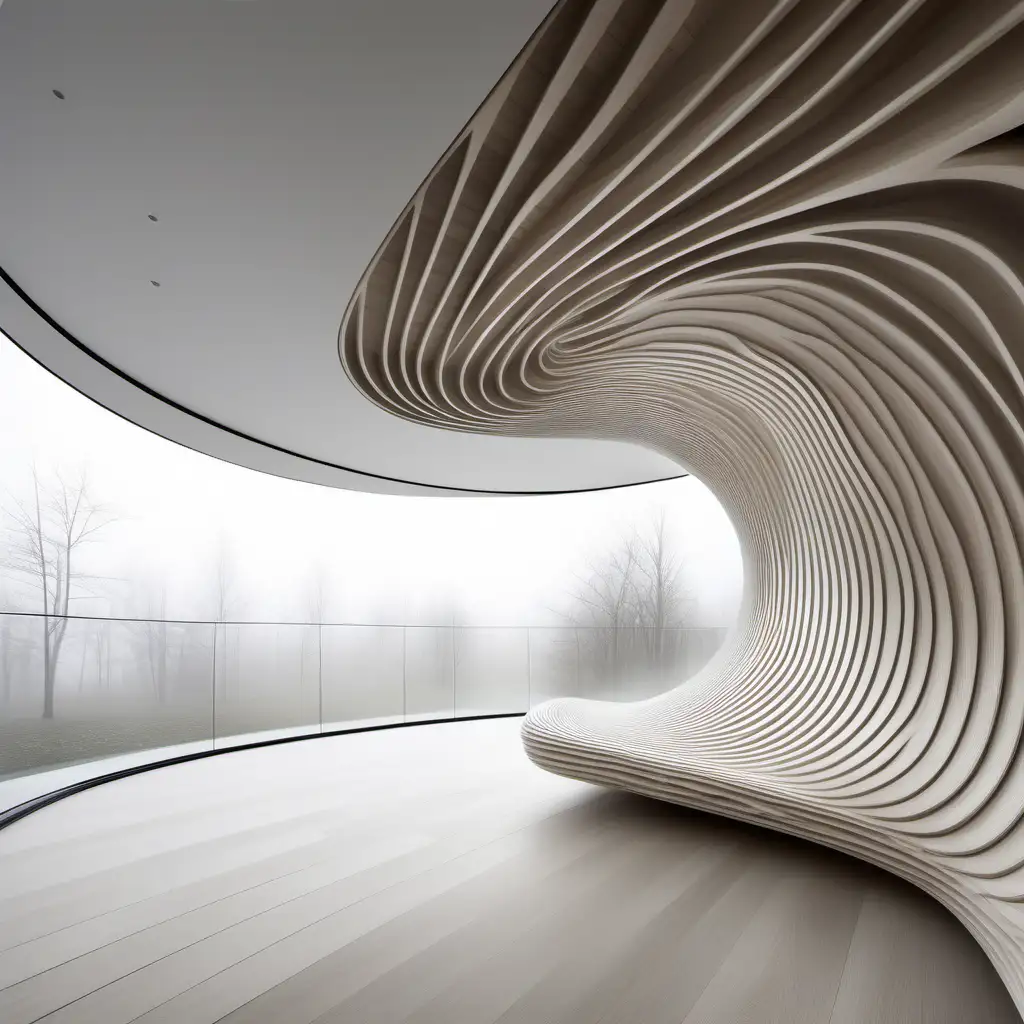 Futuristic Zaha Hadid Curved Wall Surface Transforming into White Wood Flooring with Ethereal Fog